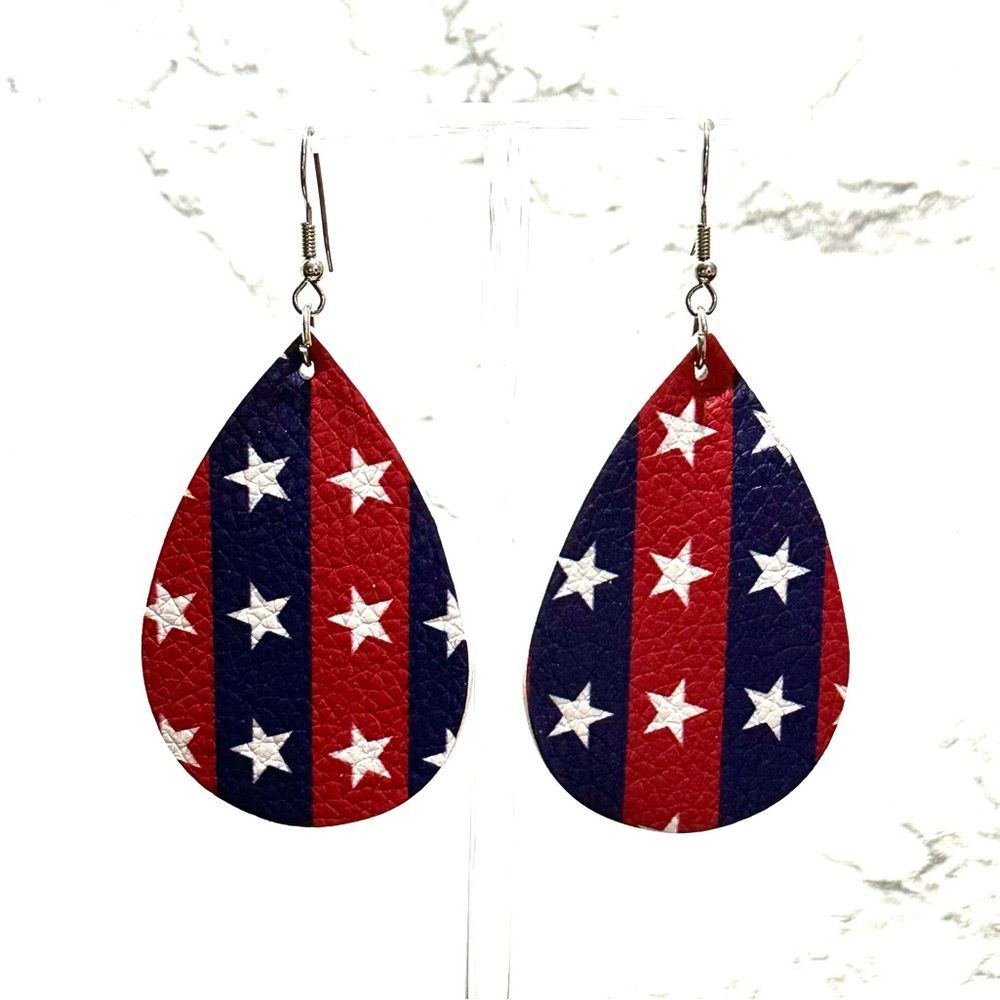 New American Flag Faux Leather Stars Stripes Patriotic Dangle Earring